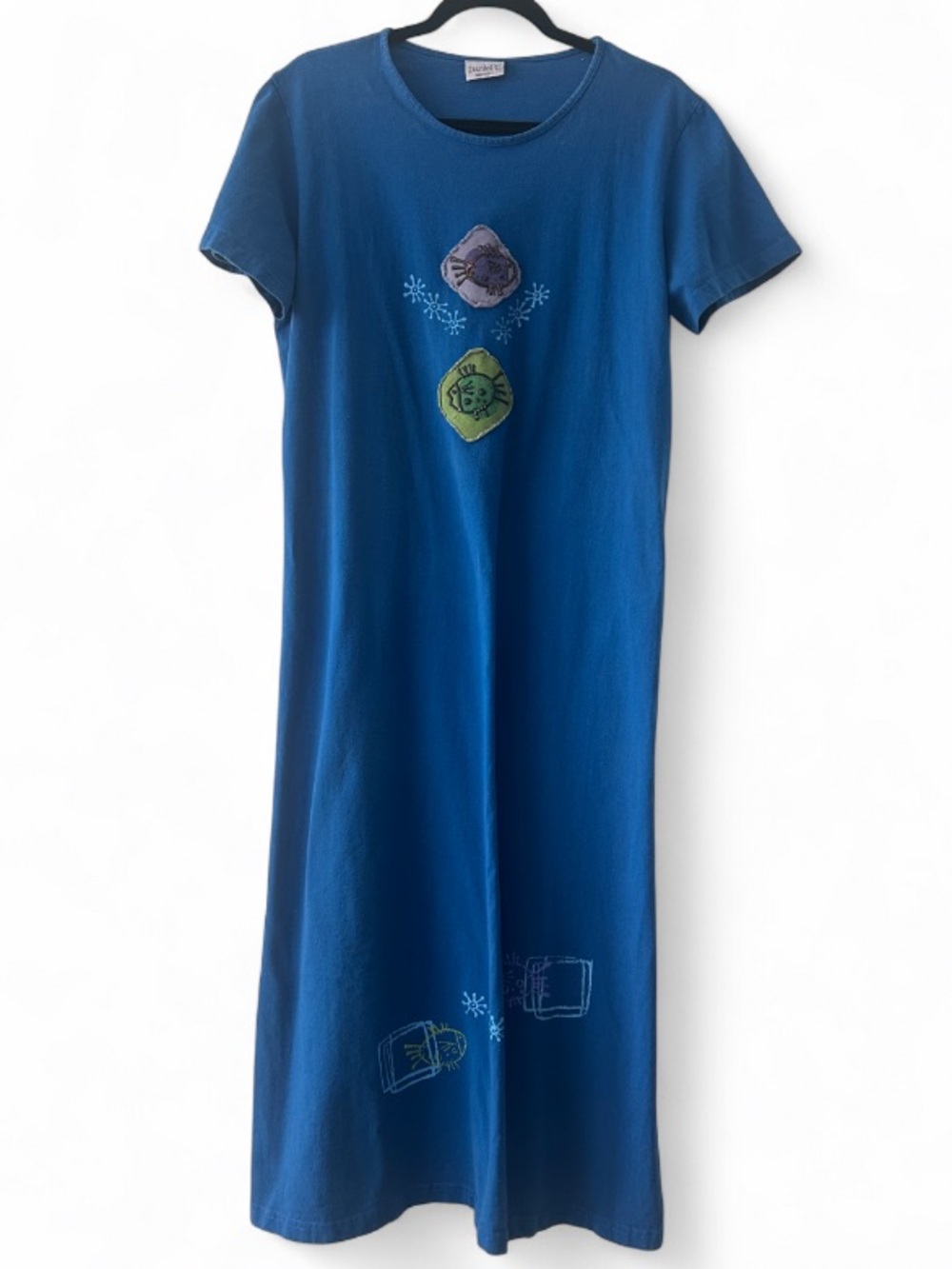 Vintage 90s Blue Maxi Dress Cotton Art to Wear Fish Novelty Print Made in USA